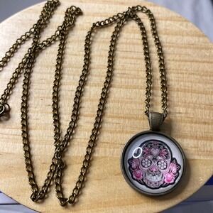 Sugar Skull Necklace Bronze Tone‎ Day of the Dead Pendant Halloween 30in Chain